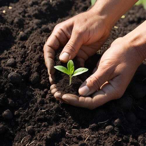 hand on soil holding a sprout hand on soil holding a sprout